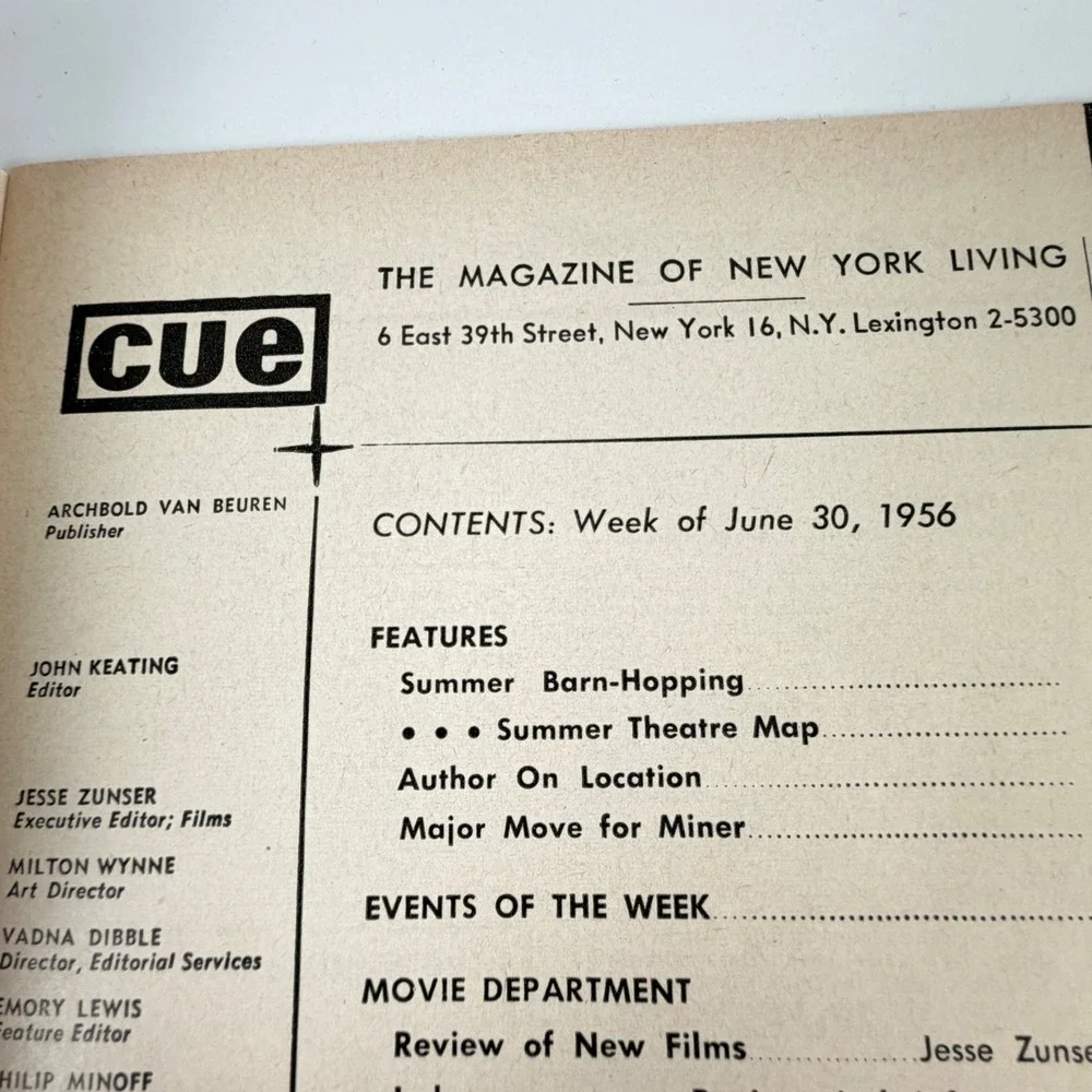 Vintage 1956 Cue Magazine Summer Theatre Survey Carney Vanderbilt NYC June 30